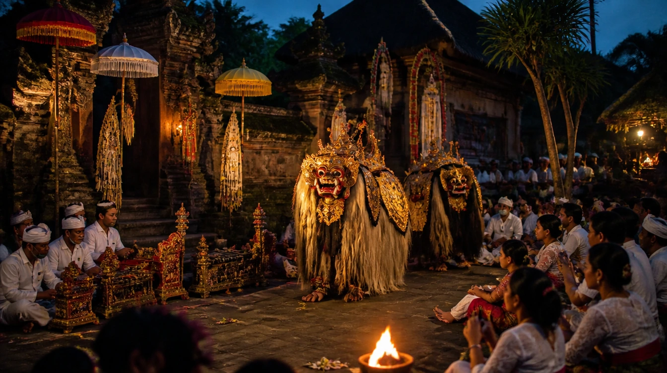 A respectful Balinese cultural festival in a temple courtyard at dusk