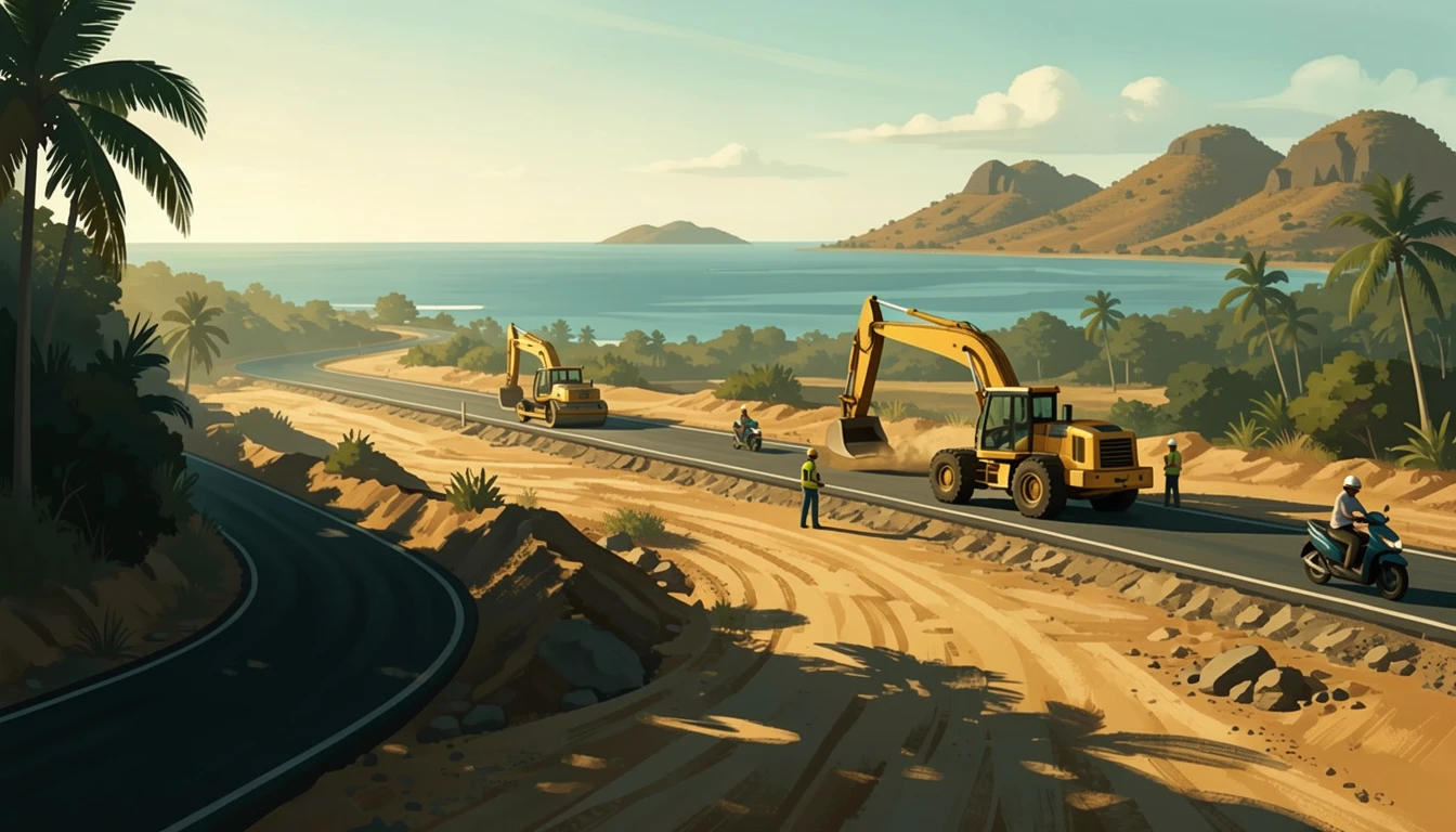 Editorial illustration of roadworks and moving traffic on a new coastal road corridor in South Bali
