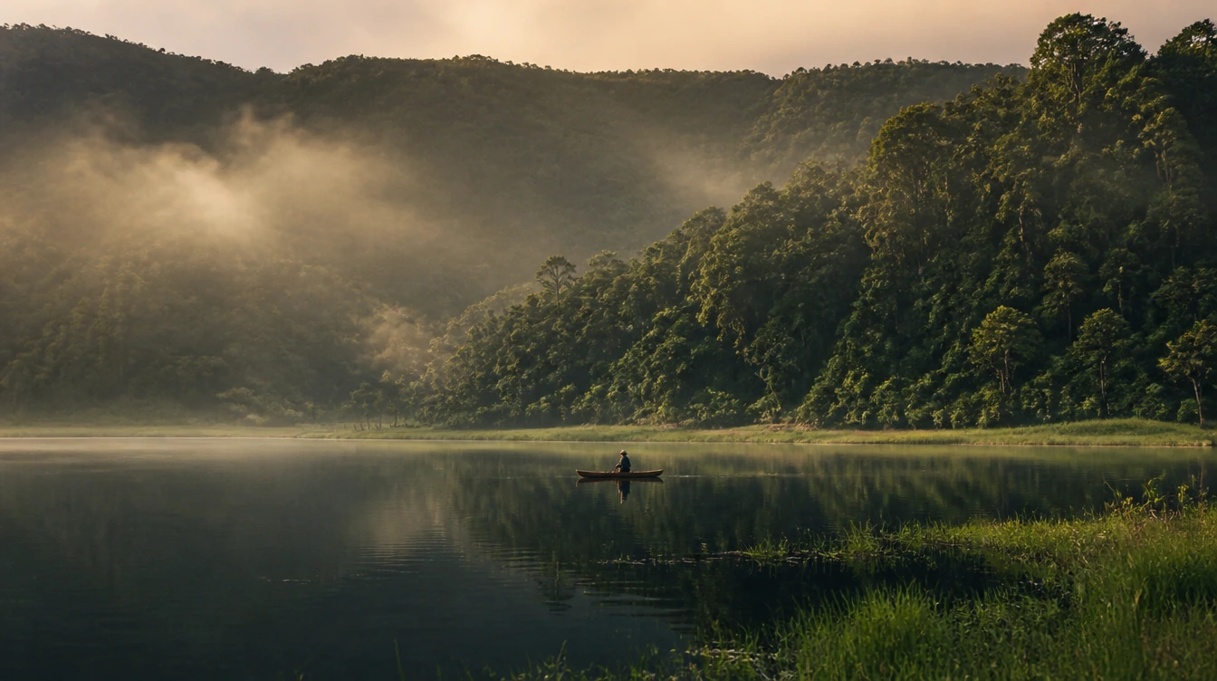 Mist over a tranquil Bali highland lake with a traditional canoe