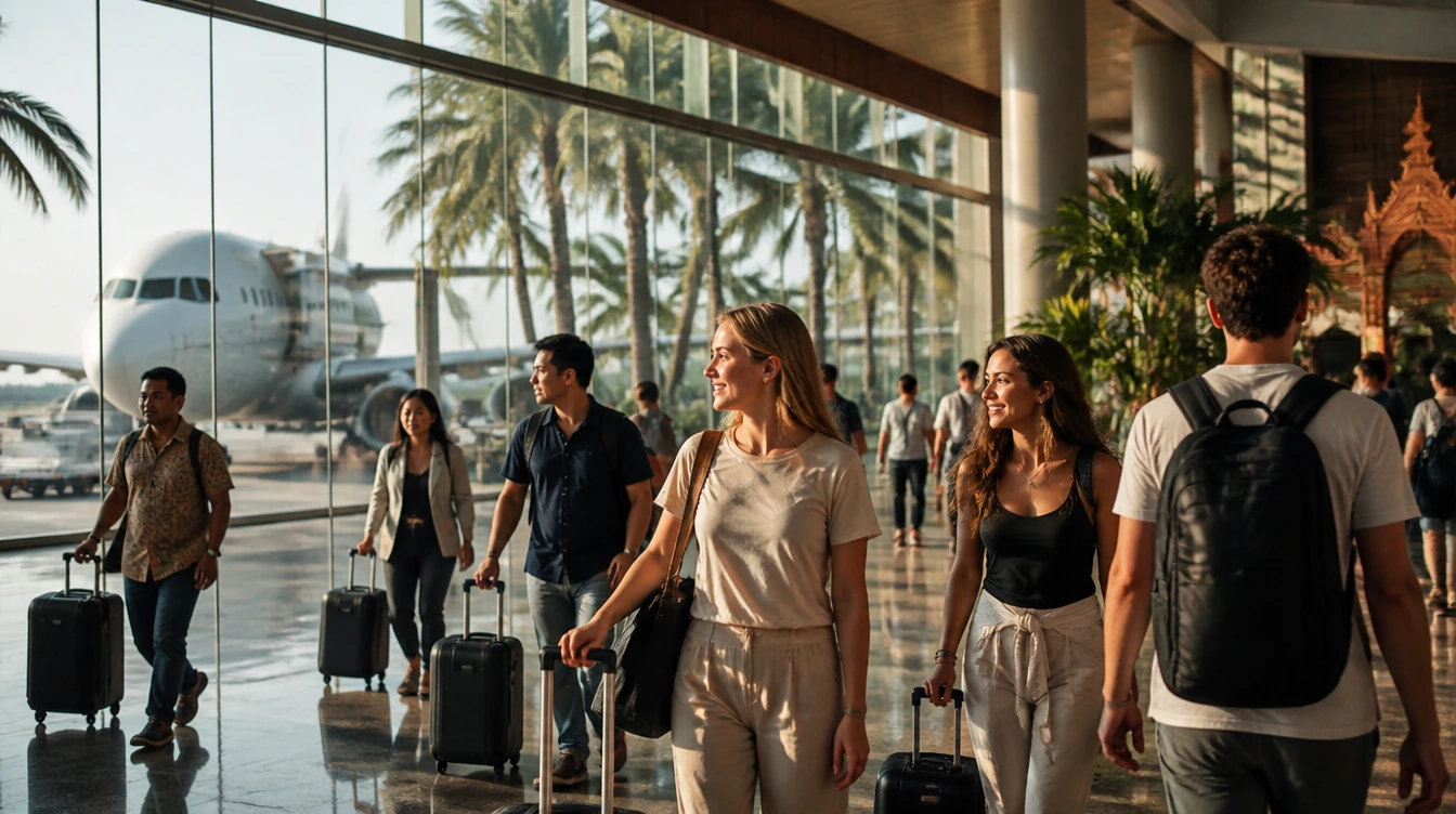 Travellers arriving at a bright tropical airport terminal in Bali