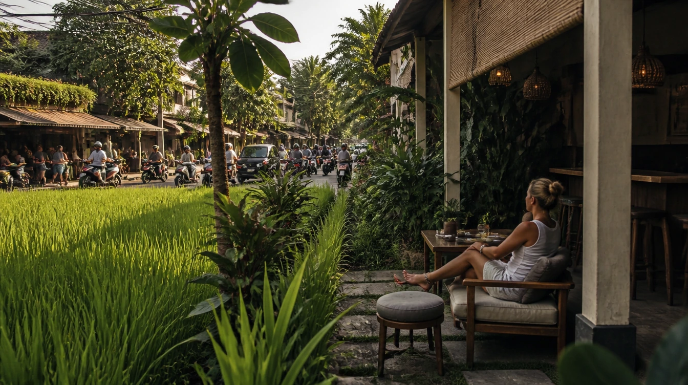 A quiet Canggu rice-field edge with a busy road and cafés further away