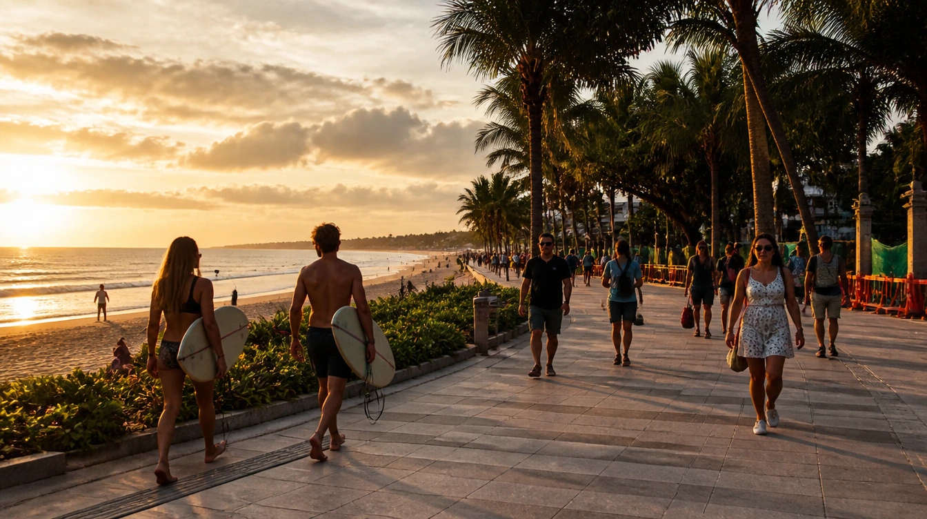 Kuta Beach promenade with walkers and surfers in warm late-afternoon light