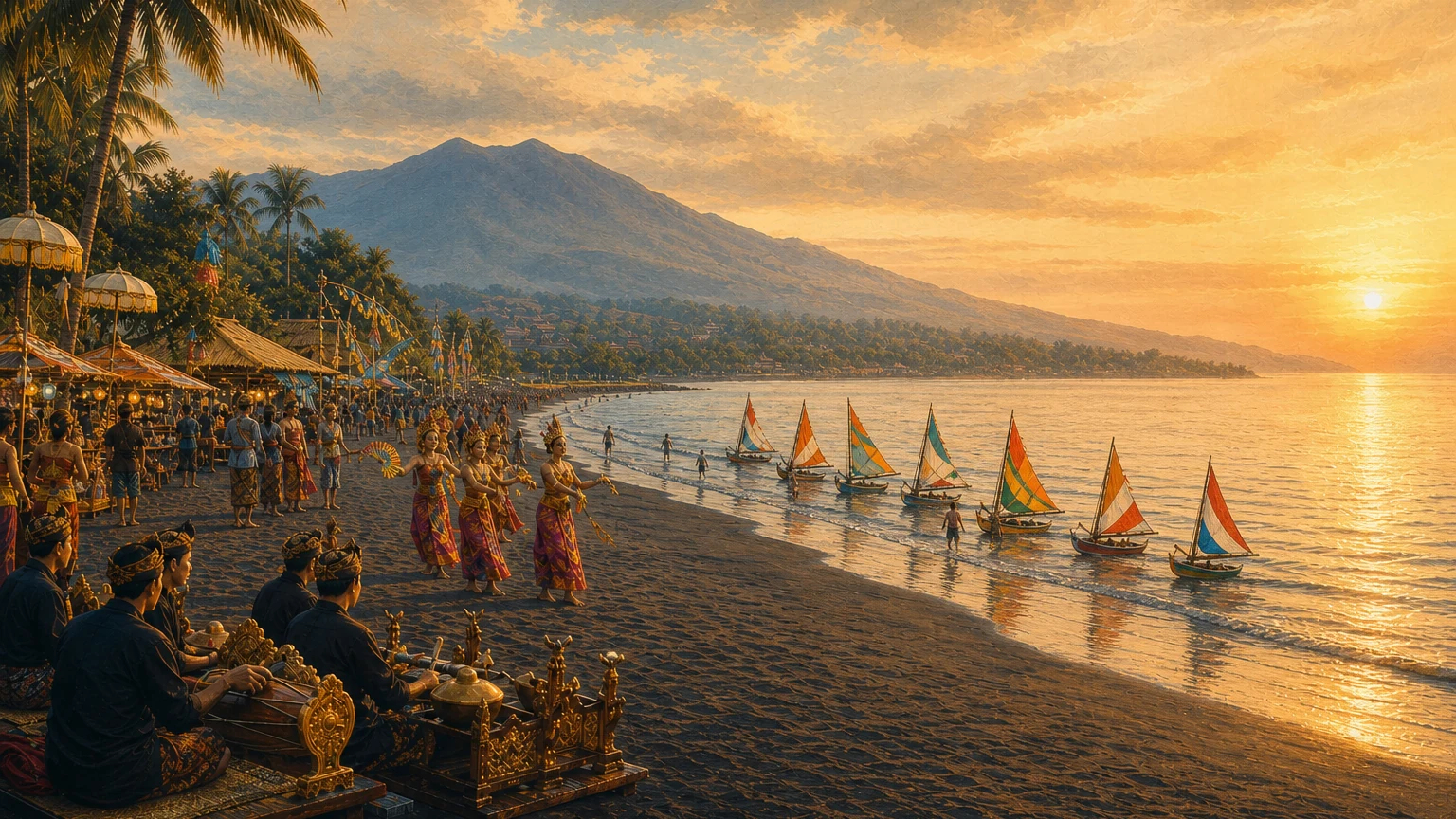 Editorial illustration of Lovina Festival on North Bali’s black-sand coast with traditional musicians, dancers and miniature sailboats
