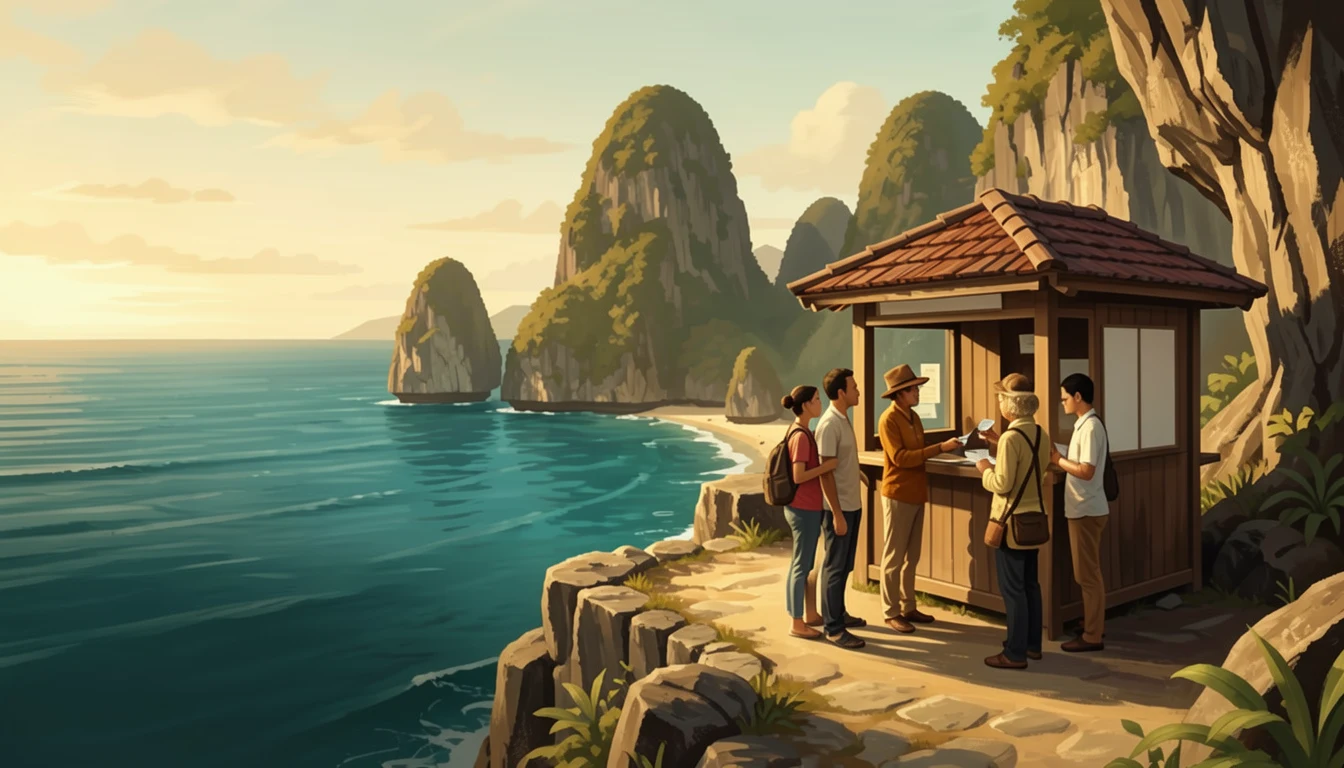 Editorial illustration of travellers checking tickets at a small entry booth above Nusa Penida’s limestone coast
