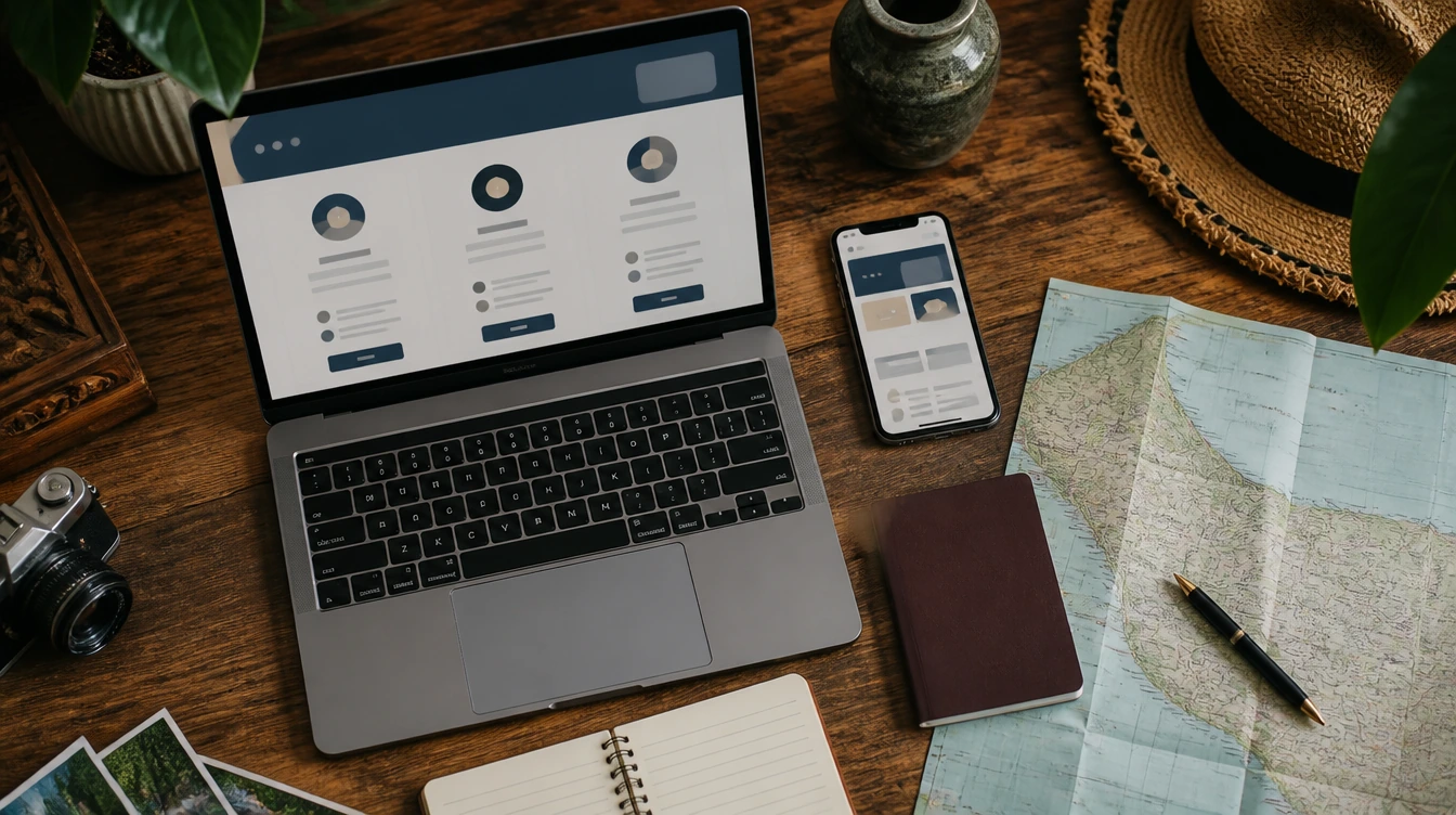 A Bali travel-planning desk with phone, laptop, passport and map