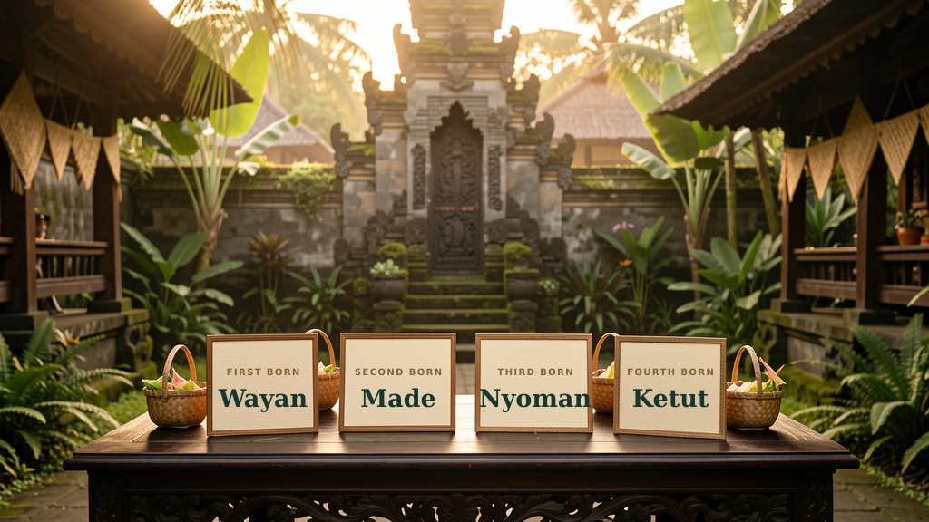 Four labelled cards for Wayan, Made, Nyoman and Ketut arranged in birth order in a Balinese family compound