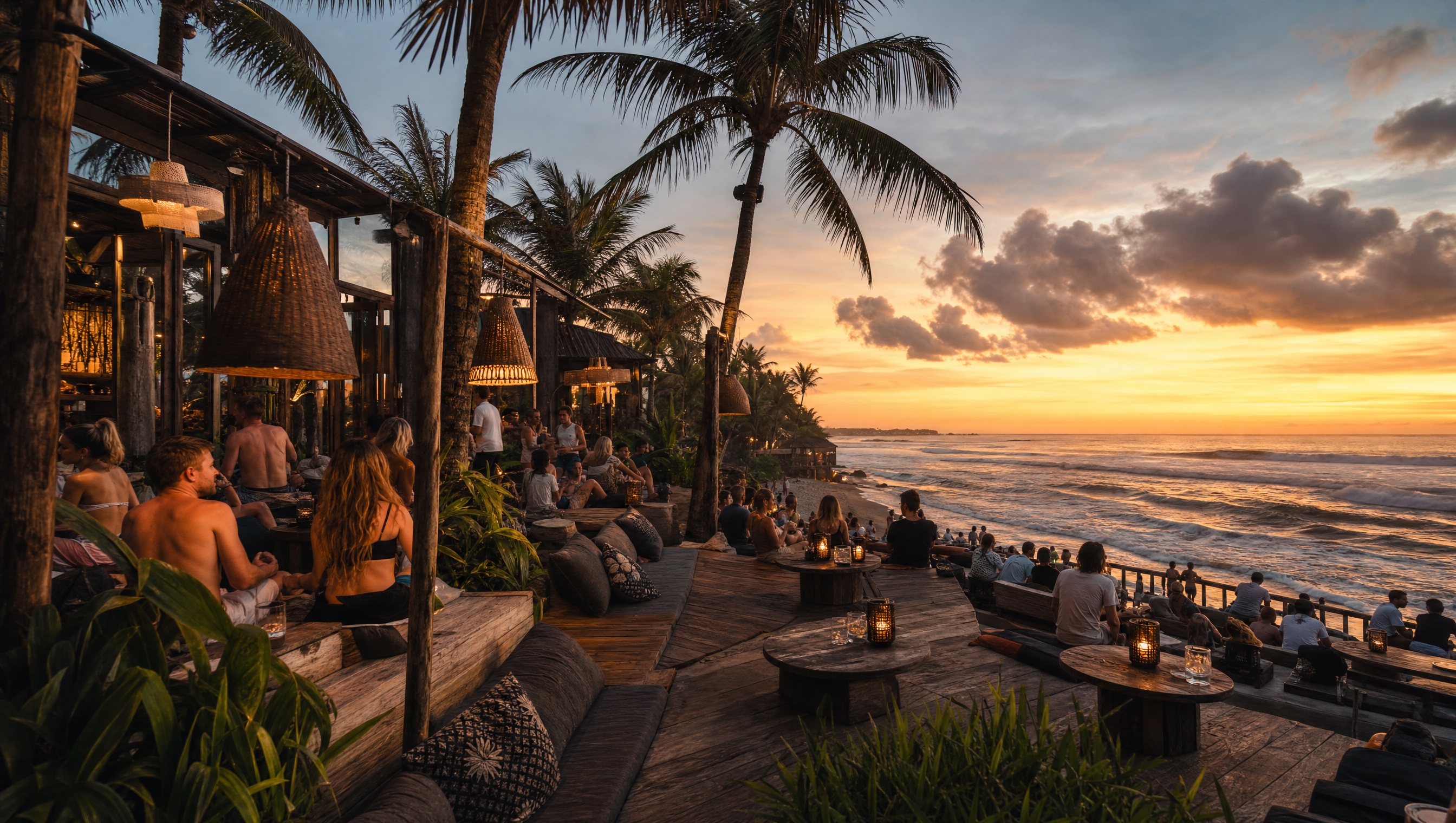Cinematic Bali beach club sunset