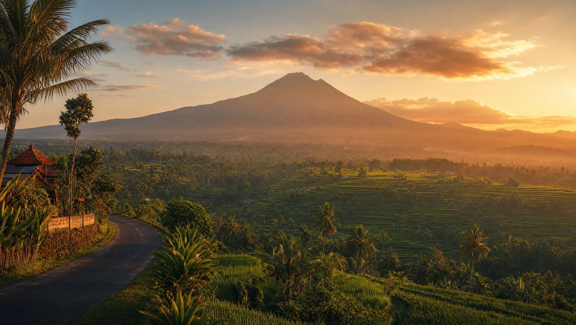 Golden East Bali valley with Mount Agung in the distance