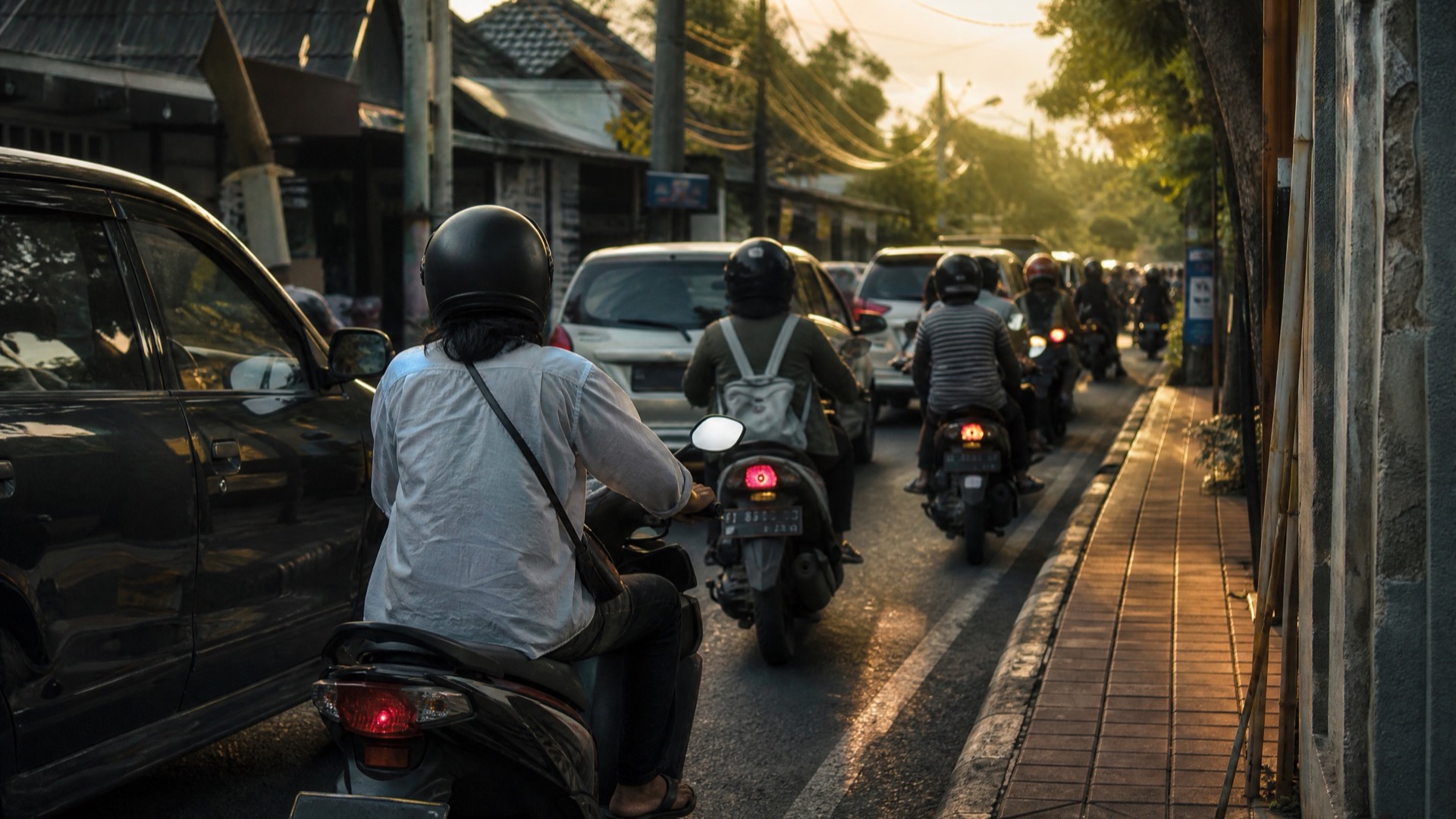 Scooters and cars moving slowly along a busy Bali road in warm late-afternoon light