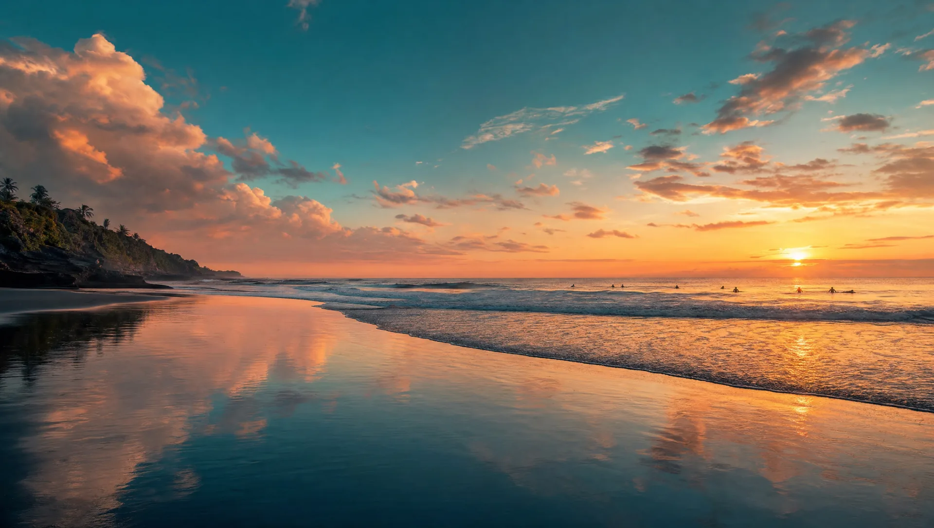 Cinematic Canggu beach sunset with surfers and reflective wet sand