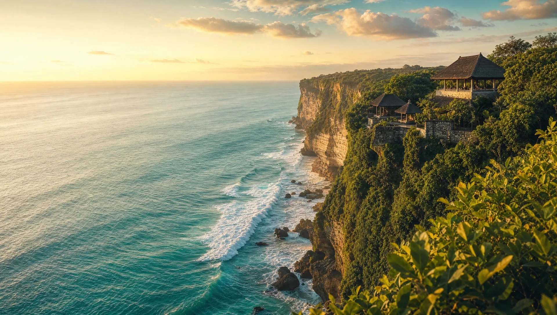Golden hour Uluwatu cliff coastline with jungle, pavilions and ocean swell