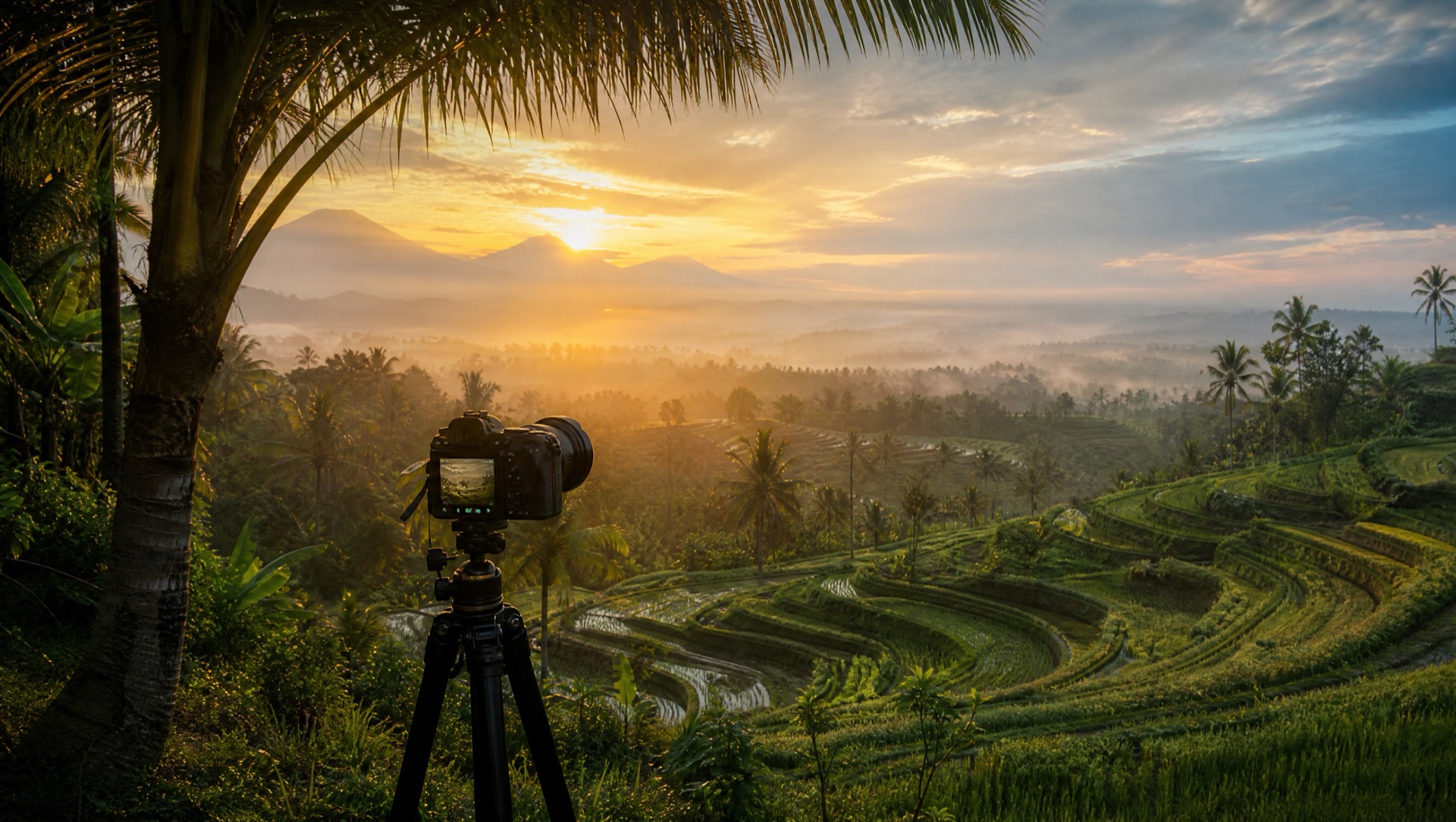 Sunrise over Bali rice terraces with a camera in the foreground