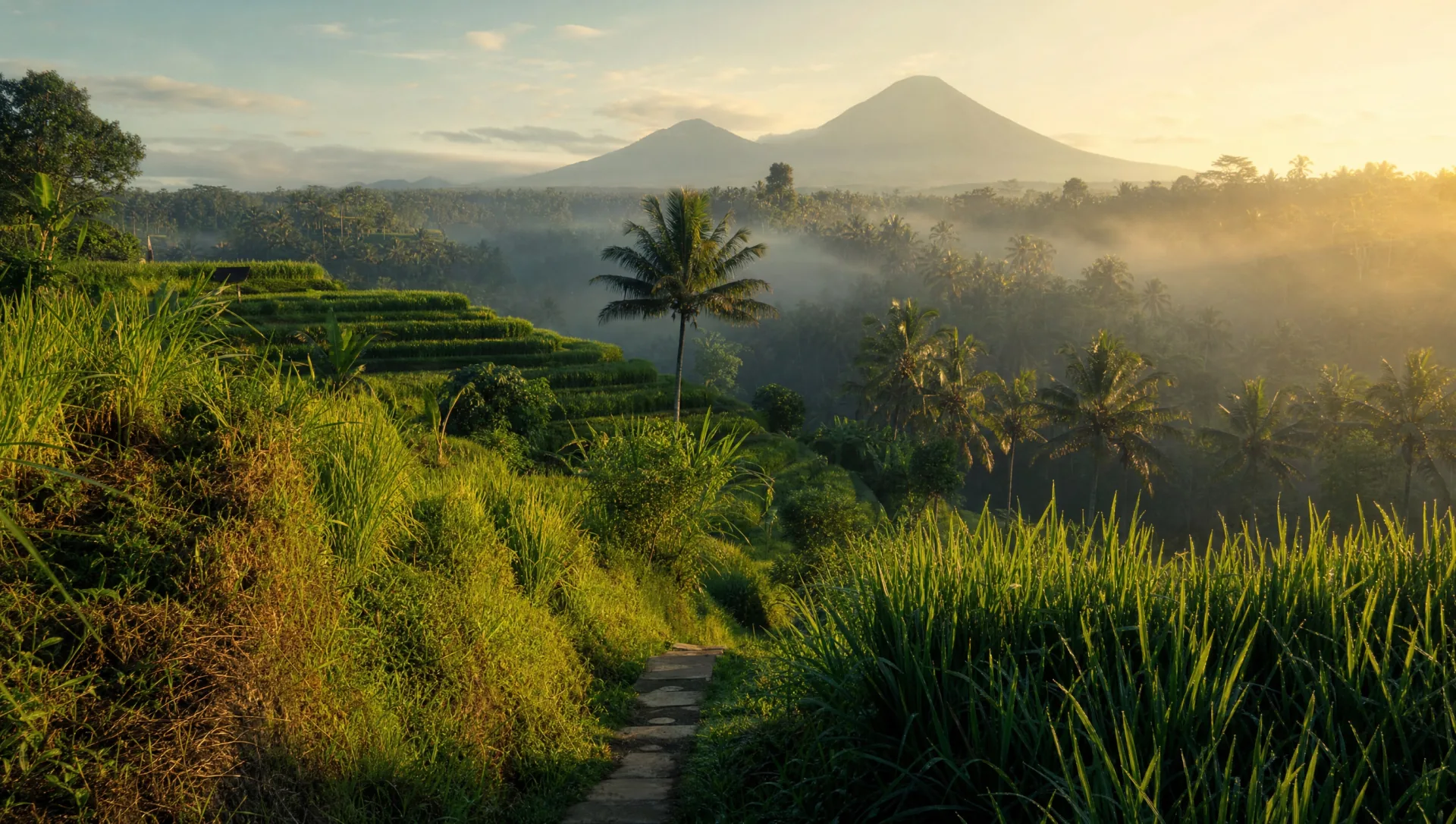 Cinematic Ubud rice terraces and morning mist