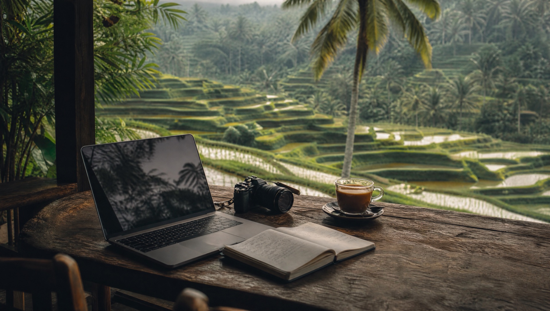 Notebook and camera on a wooden cafe table overlooking Ubud jungle and rice fields