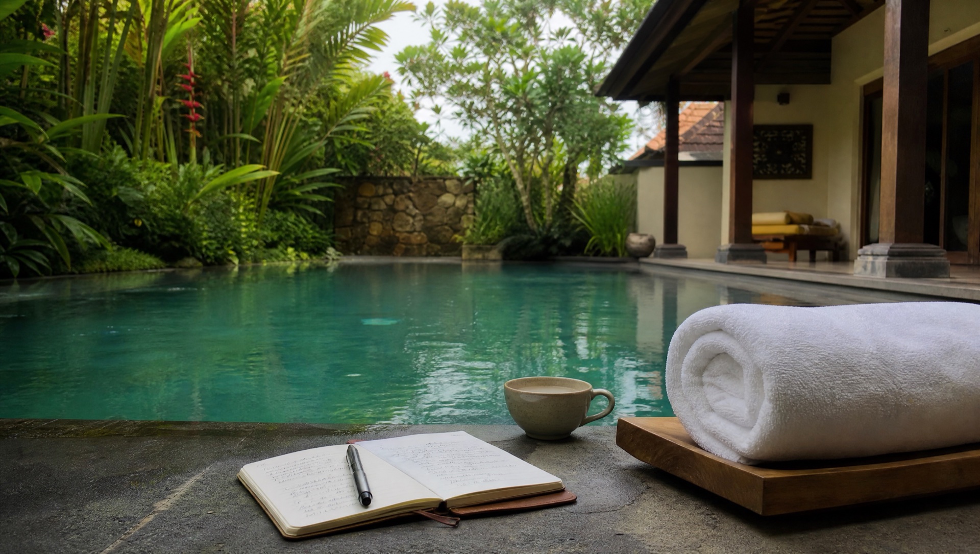 A refined Bali villa entrance and tropical garden at dusk