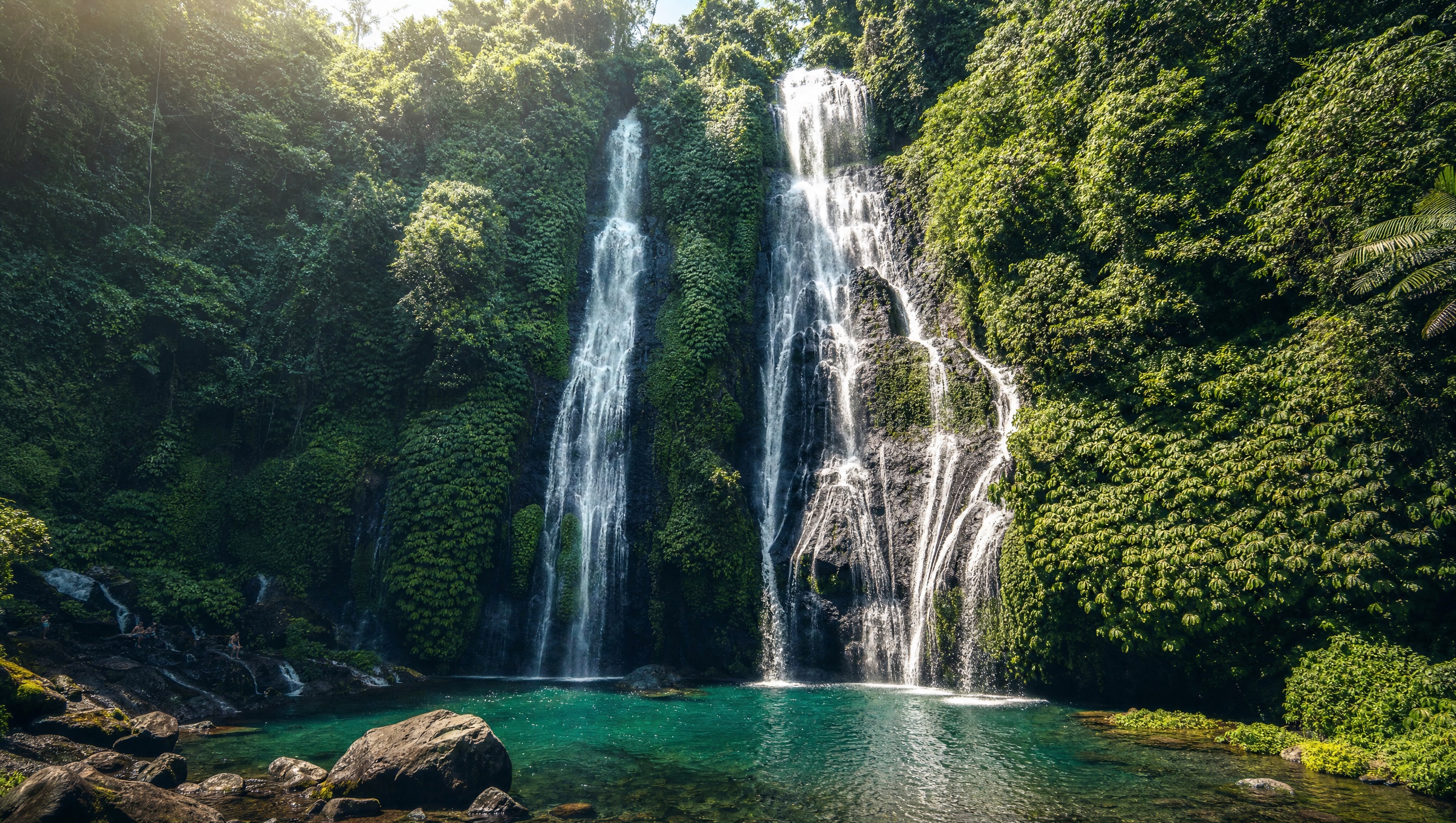 Banyumala Twin Falls waterfall cinematic hero