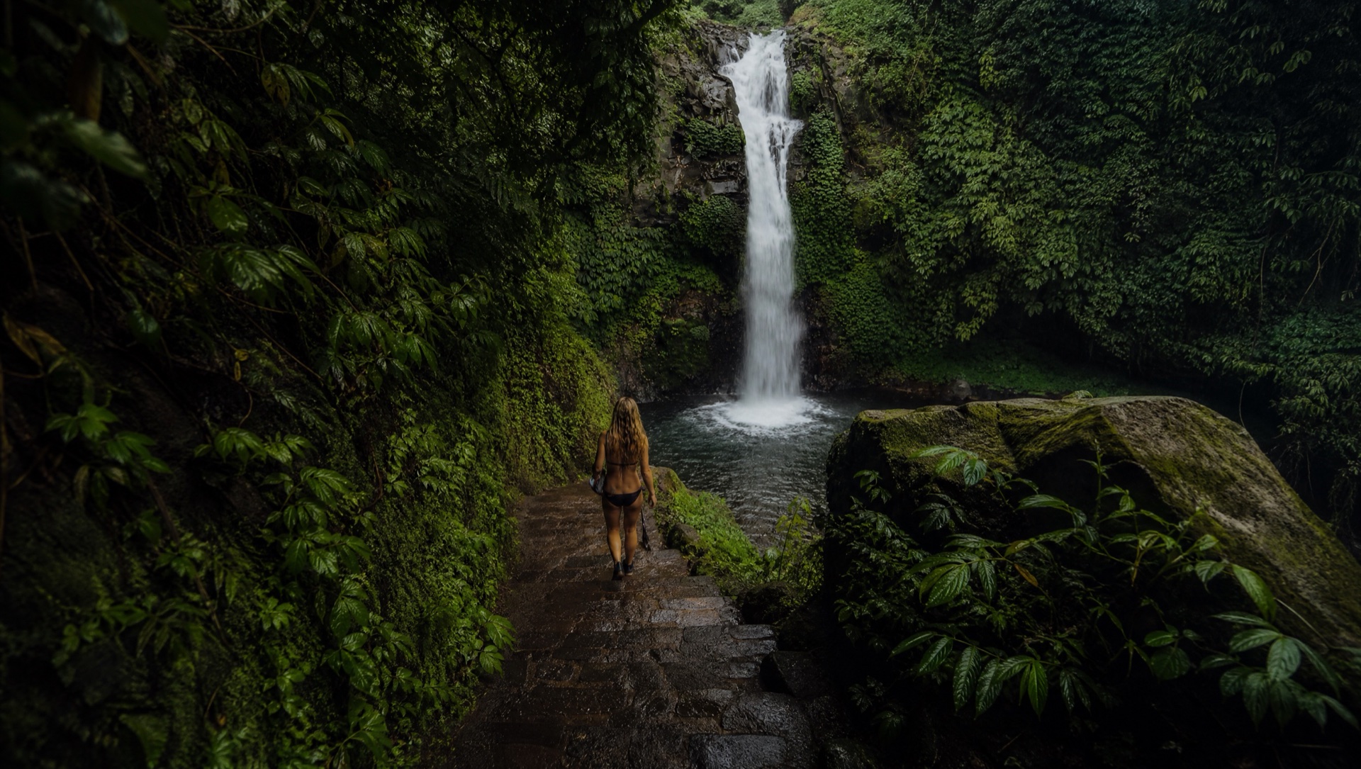 Cinematic Bali jungle waterfall